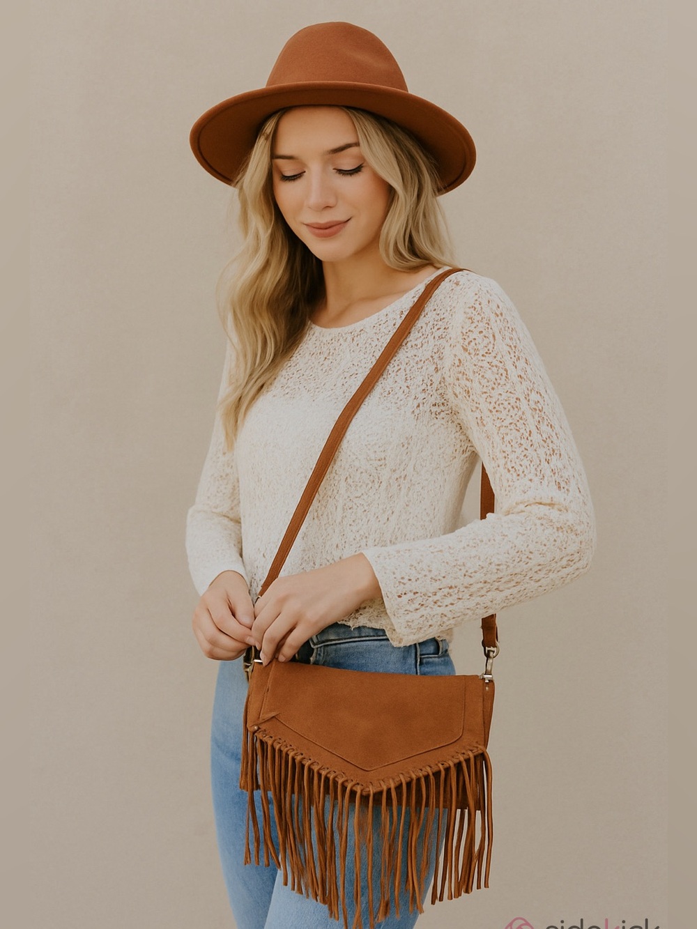 Haute Hippie Women's Tan Genuine Suede Eyelet Fringe Flap Envelope Crossbody Bag - Picture 7 of 7